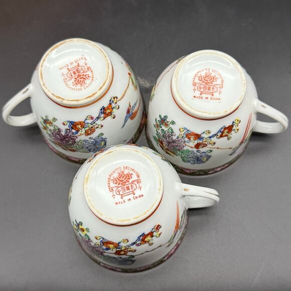 Vintage Rose Canton Famille Rose Zhongguo Zhi Zao Chinese Porcelain Teacups - Picture 7 of 15